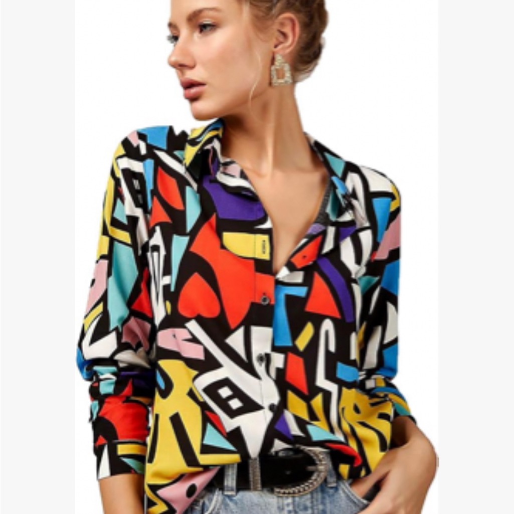 Abstract Color Block Print Vibrant Button Down Shirt L Nwot